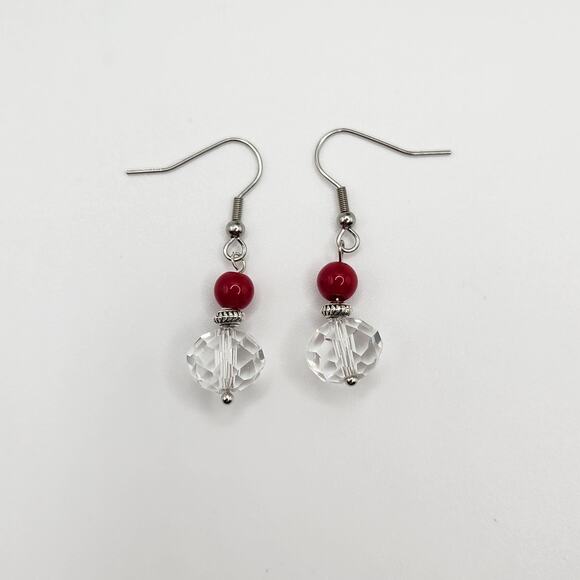 Handmade Earrings with Crystal, Red Coral – 1.5" Dangle - Picture 3 of 6